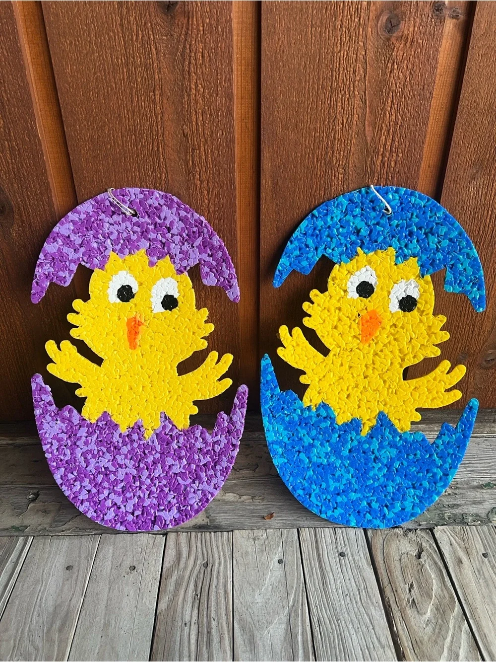 Vintage Easter Melted Plastic Popcorn Chick Egg Wall Decor Pair Retro